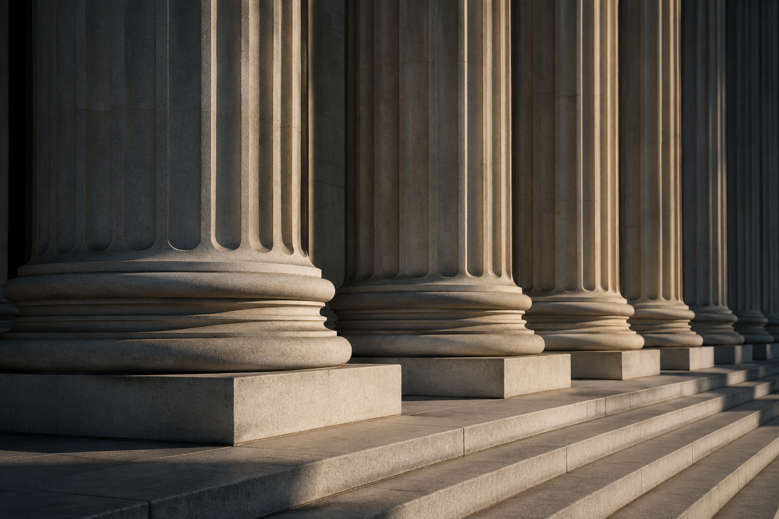Stone courthouse columns in afternoon light; architectural illustration